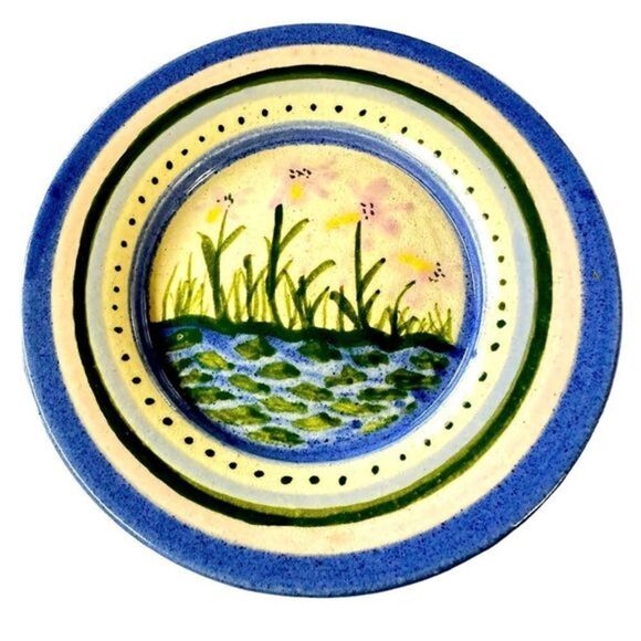 Agape Pottery Plate Hand Painted Small Plate Signed 6.5” Blue Yellow Nature - Picture 1 of 4